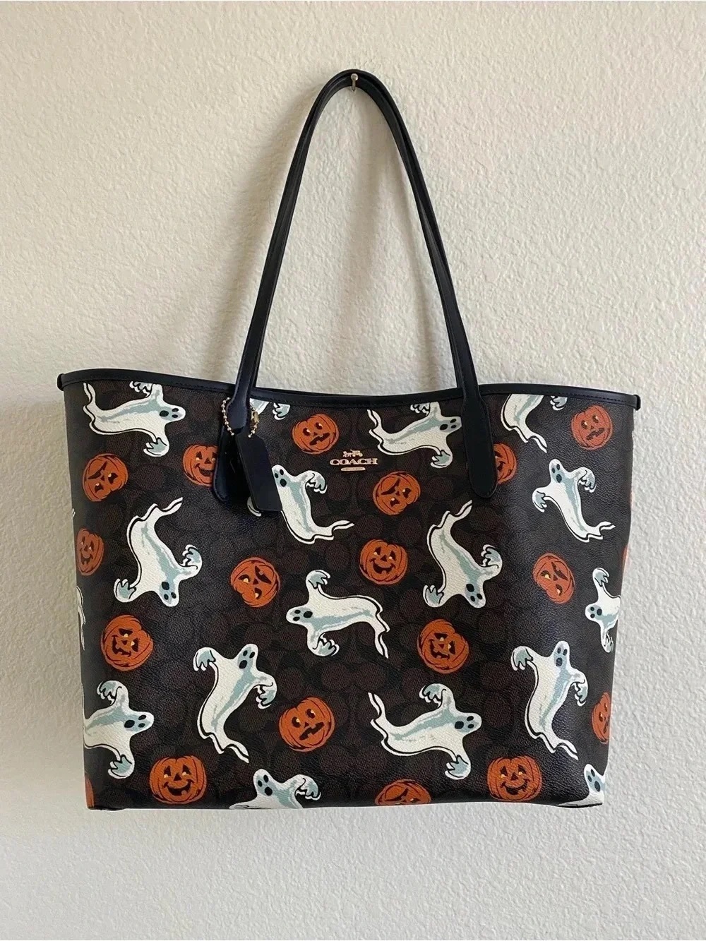Coach Black Halloween Ghost & Pumpkin Print Tote